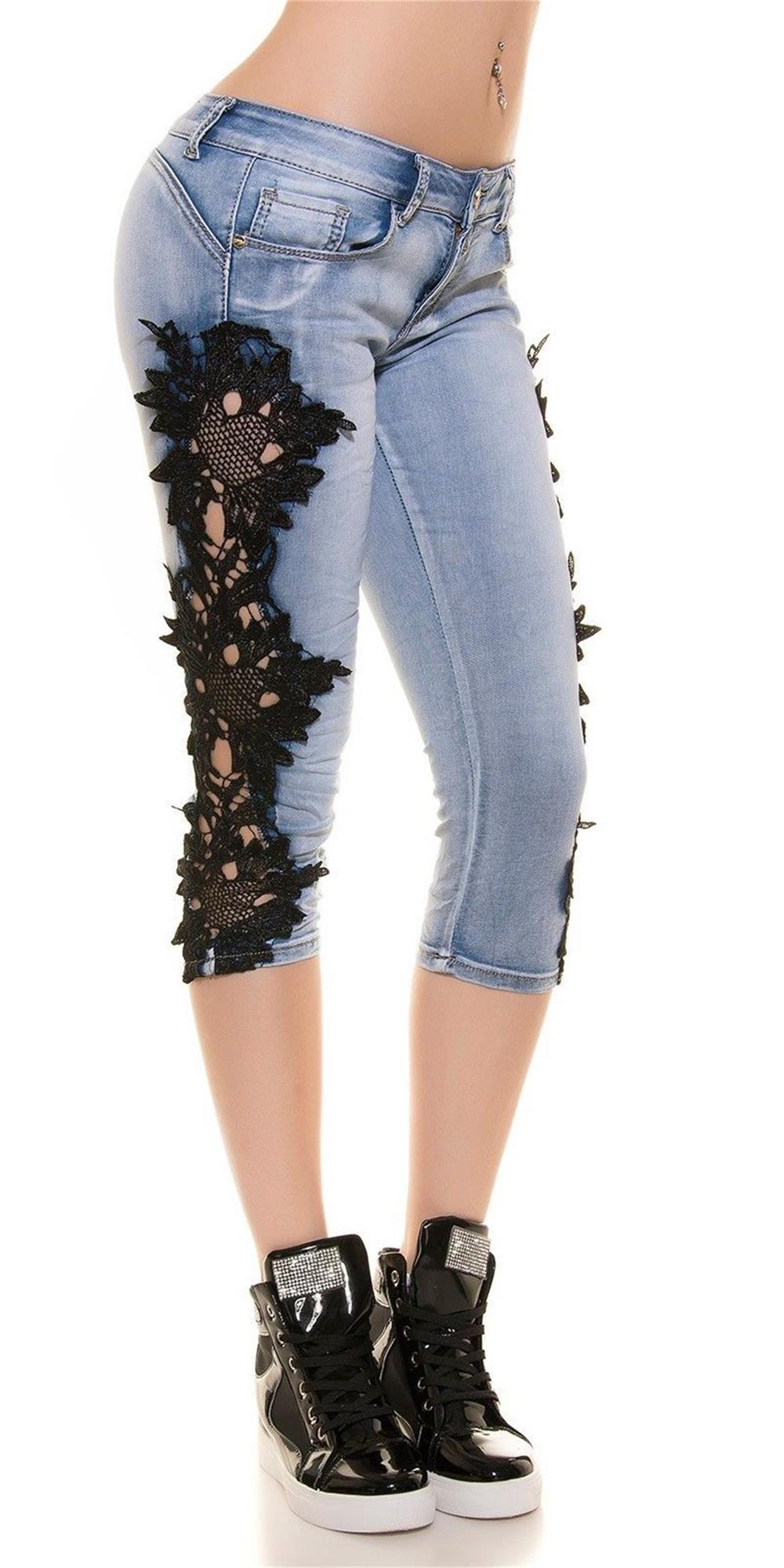 SZ60124-1 Women Patchwork Lace Floral Jeans Hollow Out Casual Denim Pencil Pants